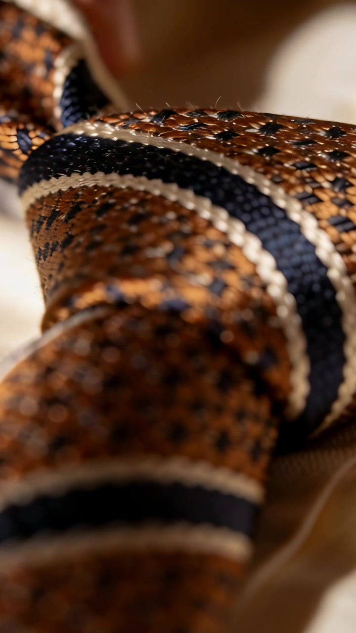 Video verticale: La telecamera mette a fuoco, un serpente a fasce che attraversa un tessuto chiaro, mostrando squame lucide.