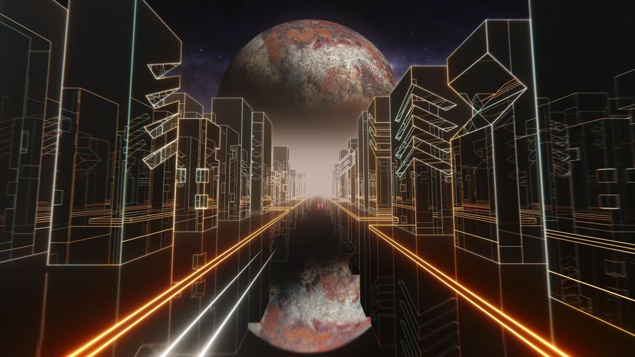 80년대 레트로 웨이브 나이트 시티 신스 웨이브 vj: 네온 조명, 알 수 없는 행성 및 별, 레트로 80년대 스타일 그리드, 태양 별, 오래된 tv 스크린 애니메이션 배경, vj: 레트로 퓨처리즘 도시, 멀리 떨어진 도시 스카이 라인을 가진 행성을 향해 운전, 80년대 sf.