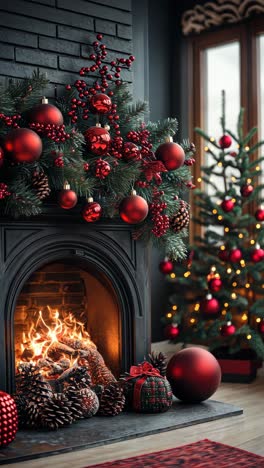 cozy fireplace decorated for christmas with ornaments and a tree