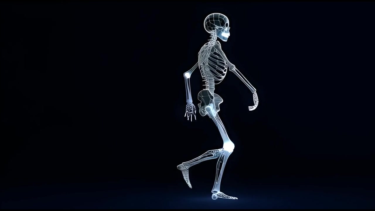 3D Animated Human Skeleton Walking with Glowing Joints