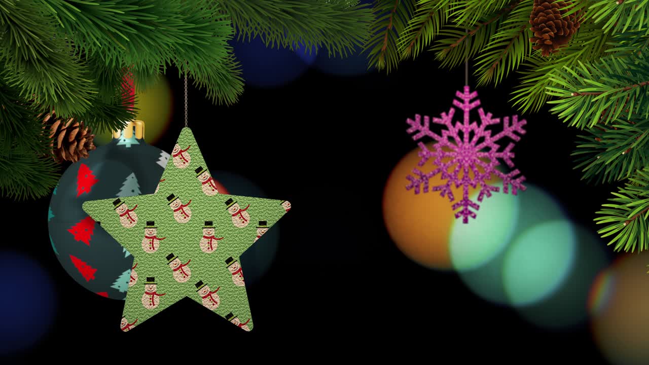los adornos de navidad y los pinos se balancean en un fondo bokeh en bucle