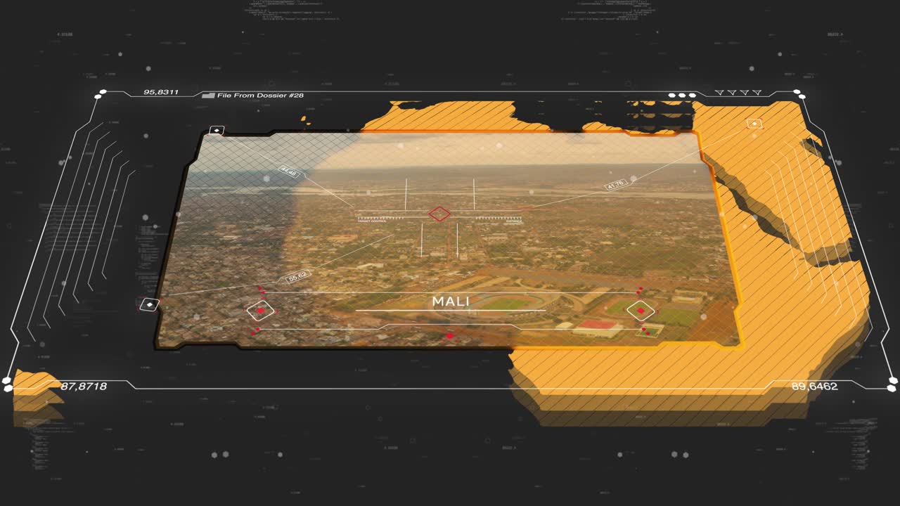 A cinematic intelligence briefing map for piracy. Great for intelligence briefs, secret missions, covert operations. 13 sec clip of a world map of Mali. 30fps 4k