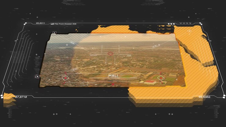A cinematic intelligence briefing map for piracy. Great for intelligence briefs, secret missions, covert operations. 13 sec clip of a world map of Mali. 30fps 4k
