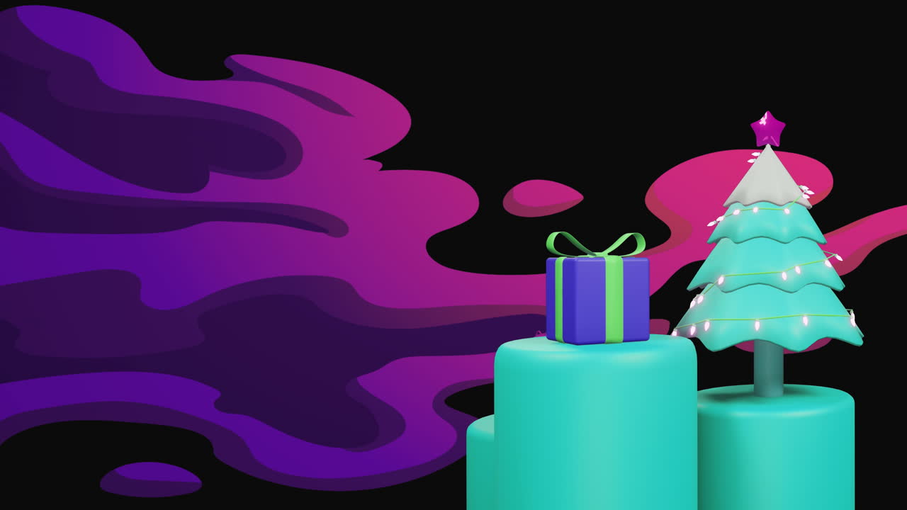 рождественская елка, подарки и игрушки на синем подиуме над фиолетовым вихром на черном фоне