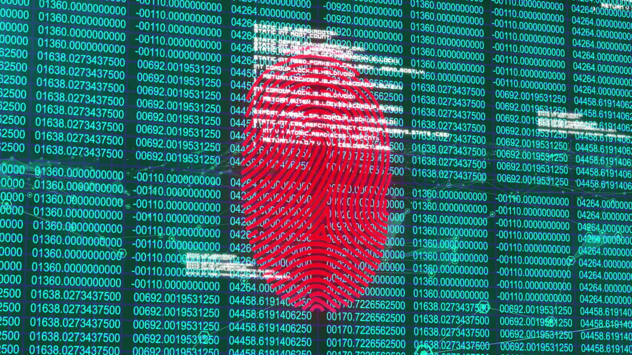 Fingerprint overlaying animation with digital code, symbolizing cybersecurity in school
