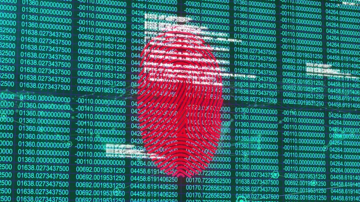 Fingeraftryk, der overlapper animation med digital kode, symboliserer cybersikkerhed i skolen