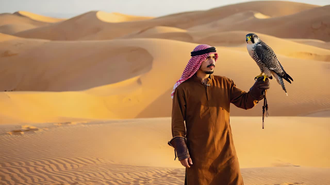 An Arab man practicing falconry in the desert