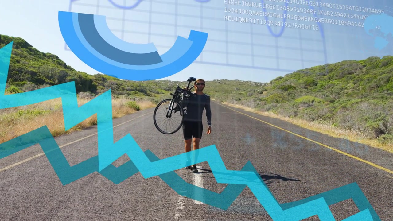 Ciclista che cammina sulla linea centrale con la bici, dati che appaiono e un grafico che lo oscura mostrando dati sportivi