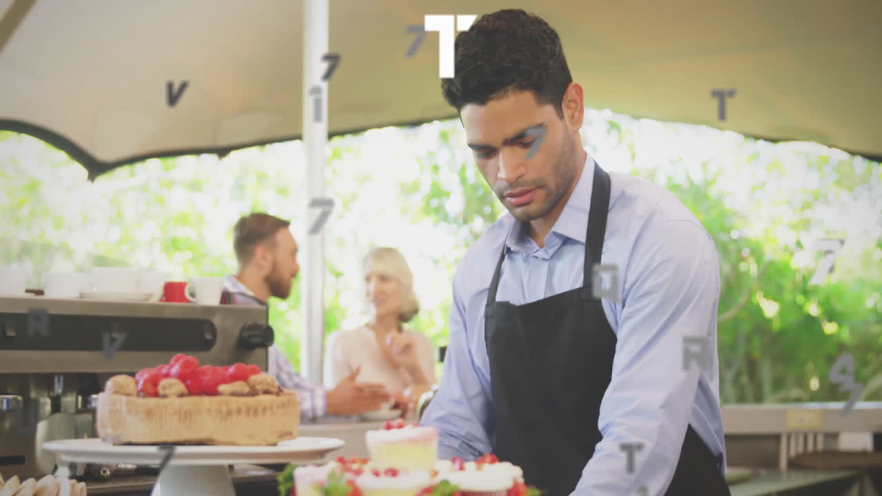 Arranging desserts, man in apron serving at outdoor cafe with customers nearby