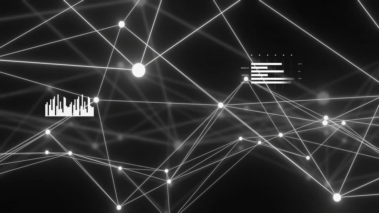 Animation of network of connections and diagrams on black background