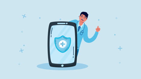 doctor and mobile phone with shield - healthcare technology illustration