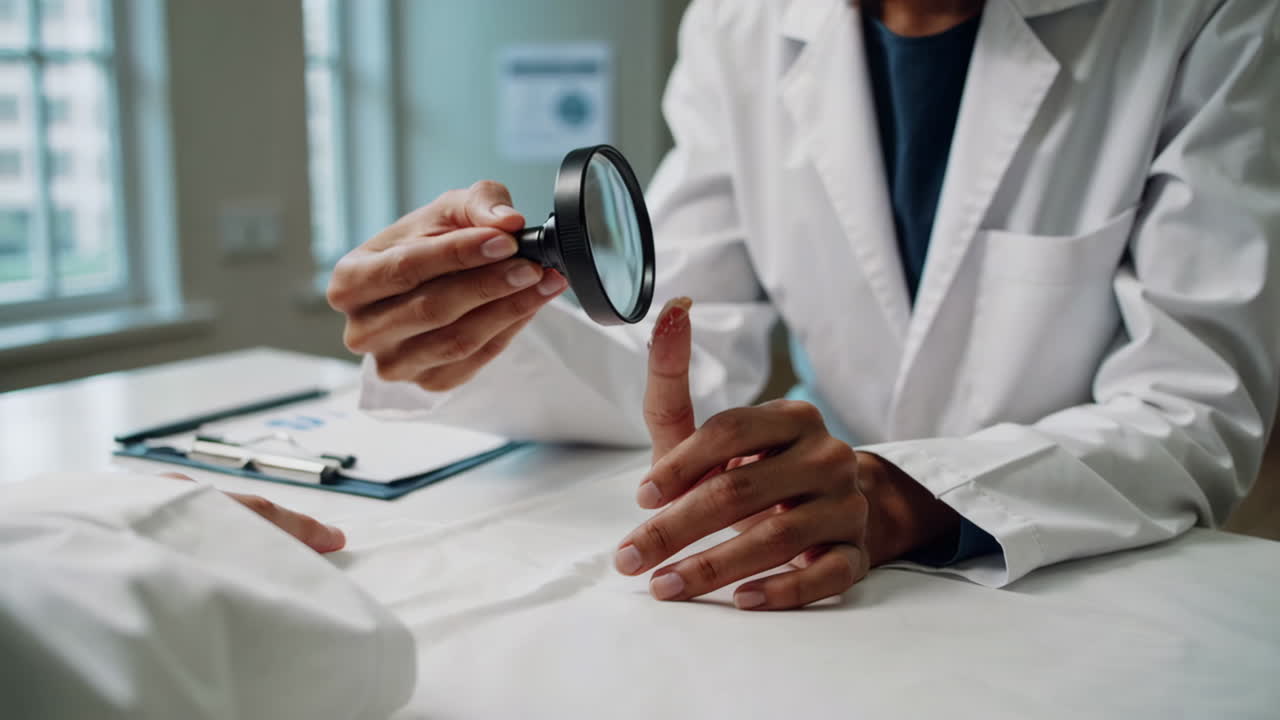 Doctor Examining Patient's Finger with Magnifying Glass