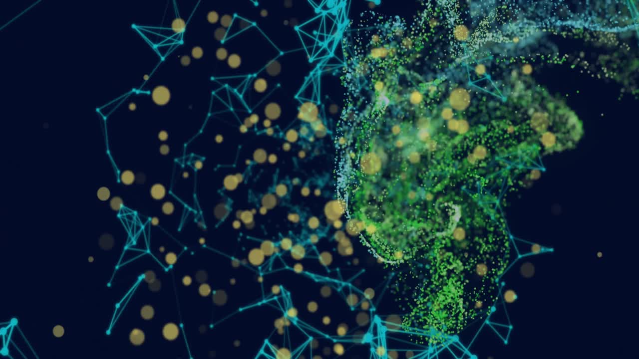 Animation of plexus networks and digital waves against yellow spots of light on blue background