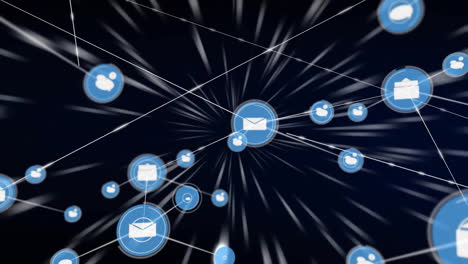 Connected email and user icons, network communication animating over dark background