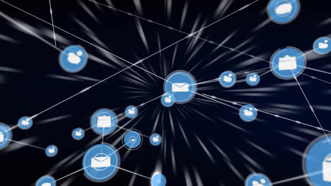íconos de correo electrónico y usuario conectados, comunicación de red animada sobre fondo oscuro