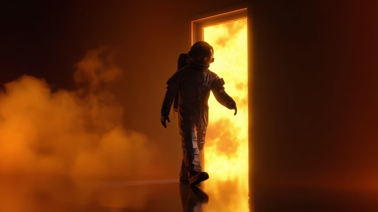 Een astronaut verschijnt door een vurige poort, en legt een surrealistisch moment van verkenning vast, dat kosmisch avontuur vermengt met elementaire chaos in een dramatisch visueel verhaal.