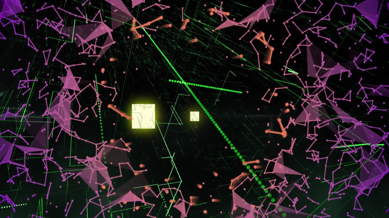 검은색 배경에 네온 녹색 사각형 모양, 빛의 흔적 및 연결 네트워크의 애니메이션