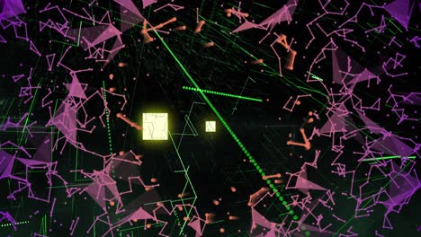 Animation-of-neon-green-sqaure-shapes,-light-trails-and-network-of-connections-on-black-background