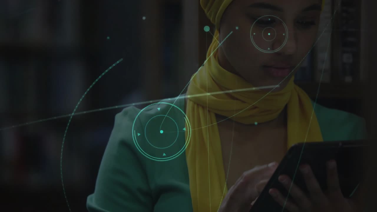 Woman tapping tablet causing orbs, scrolling smartphone exploring edtech network nodes in library