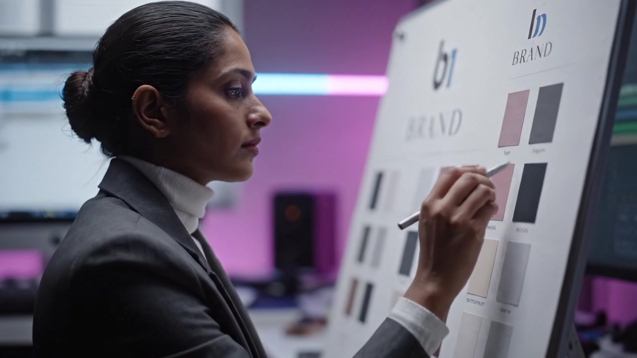 Professional Designer Analyzing Color Swatches on Mood Board in Modern Workspace with Technology and Creative Background, Focused on Color Choices and Branding
