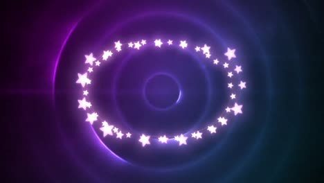 Animation-of-multiple-glowing-stars-forming-oval-frame-on-purple-background-with-glowing-light