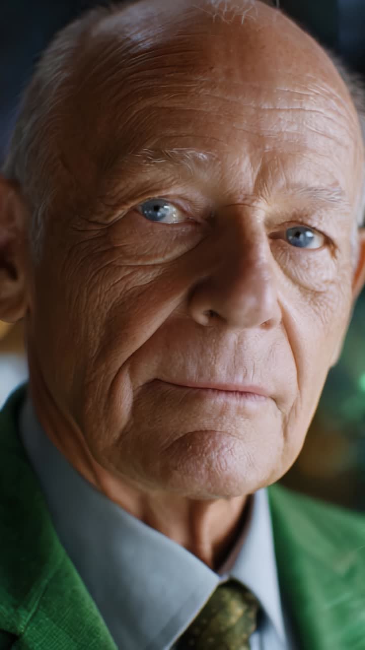Primer plano de un anciano con llamativos ojos azules y expresión digna, vestido con un elegante traje verde sobre un fondo suavemente difuminado