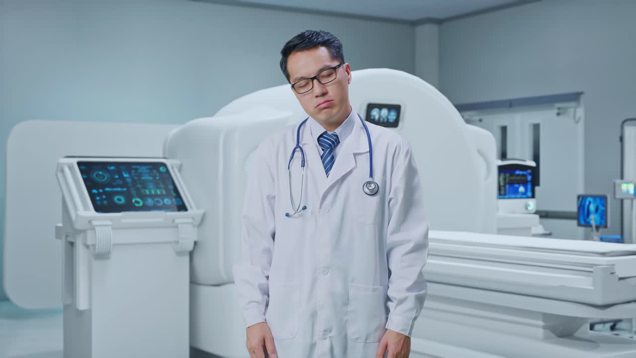 Tired Asian Male Doctor Standing With MRI Machine In The Hospital