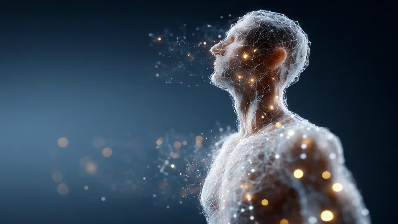 Ethereal Transformation: A Visual Journey of a Human Figure Evolving into a Stunning Light and Particle Display Representing Digital Connectivity and Life Energy
