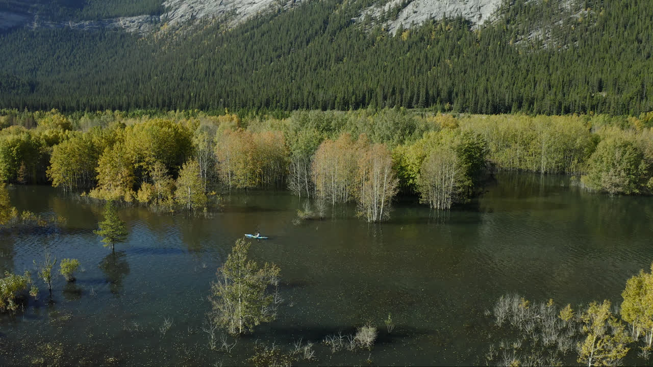 Kayaking In Abraham Lake With Fall Colour Trees In Alberta, Canada