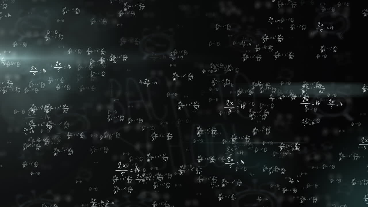 黒い背景に「新学期」の文字の上に数学の方程式のアニメーション