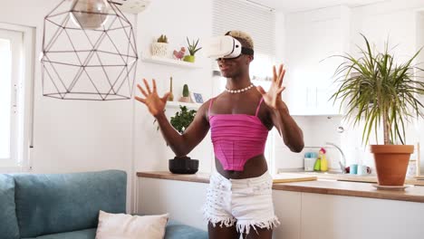 person interacting with virtual reality in a modern home