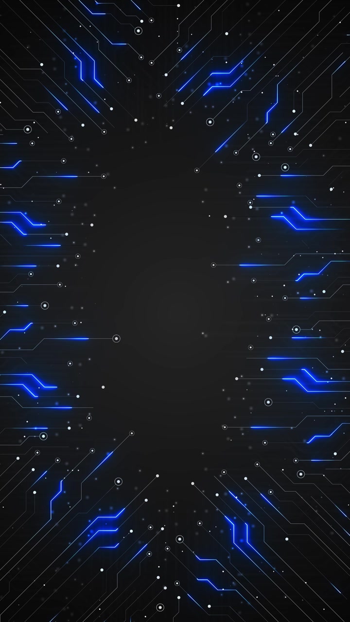 Dark circuit board tech background with blue glowing traces white nodes corner patterns and empty