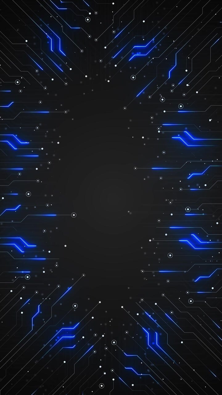 Sfondo tecnologico scuro con circuito stampato, tracce blu luminose, nodi bianchi, motivi angolari e vuoto