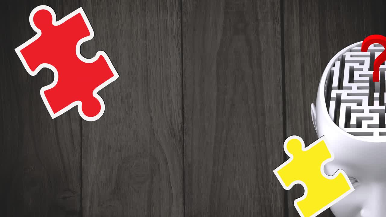 animación de piezas de rompecabezas verdes, amarillas y rojas que caen sobre el modelo de cabeza humana con laberinto