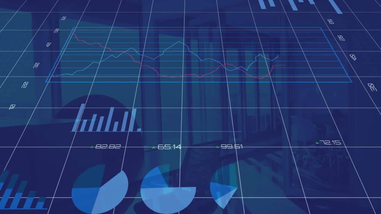 Financial data processing over grid network against empty office in background
