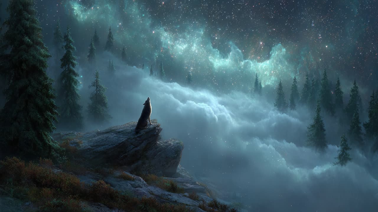 A Solitary Figure Gazes at the Ethereal Cosmos Above, Surrounded by Misty Pines and Enigmatic Cloud Layers in a Dreamy Nightscape