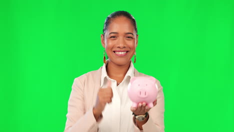 Piggy-bank,-woman-and-green-screen