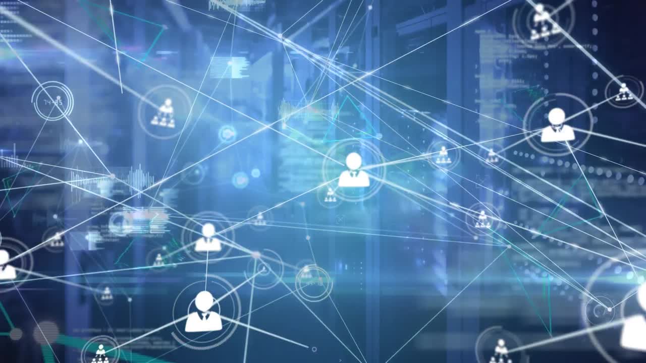 Animation of network of connections with icons over servers