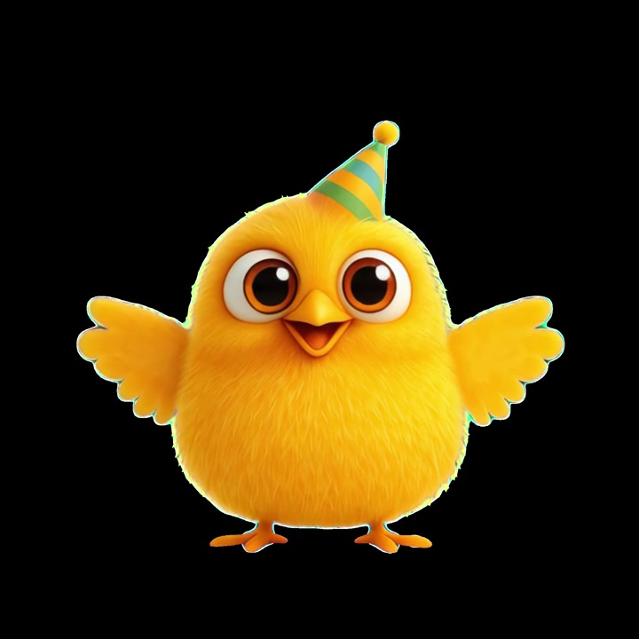Pollito amarillo animado con gorro de fiesta parpadeando y aleteando