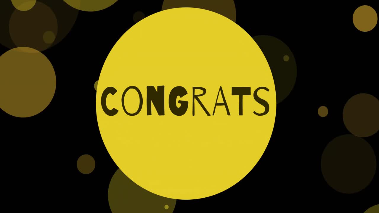 블랙 배경에 떠다니는 빛 반점과 축하 텍스트의 애니메이션