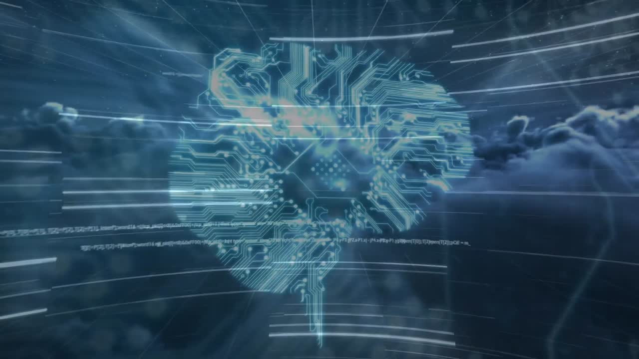 Animation of digital brain over clouds on black background