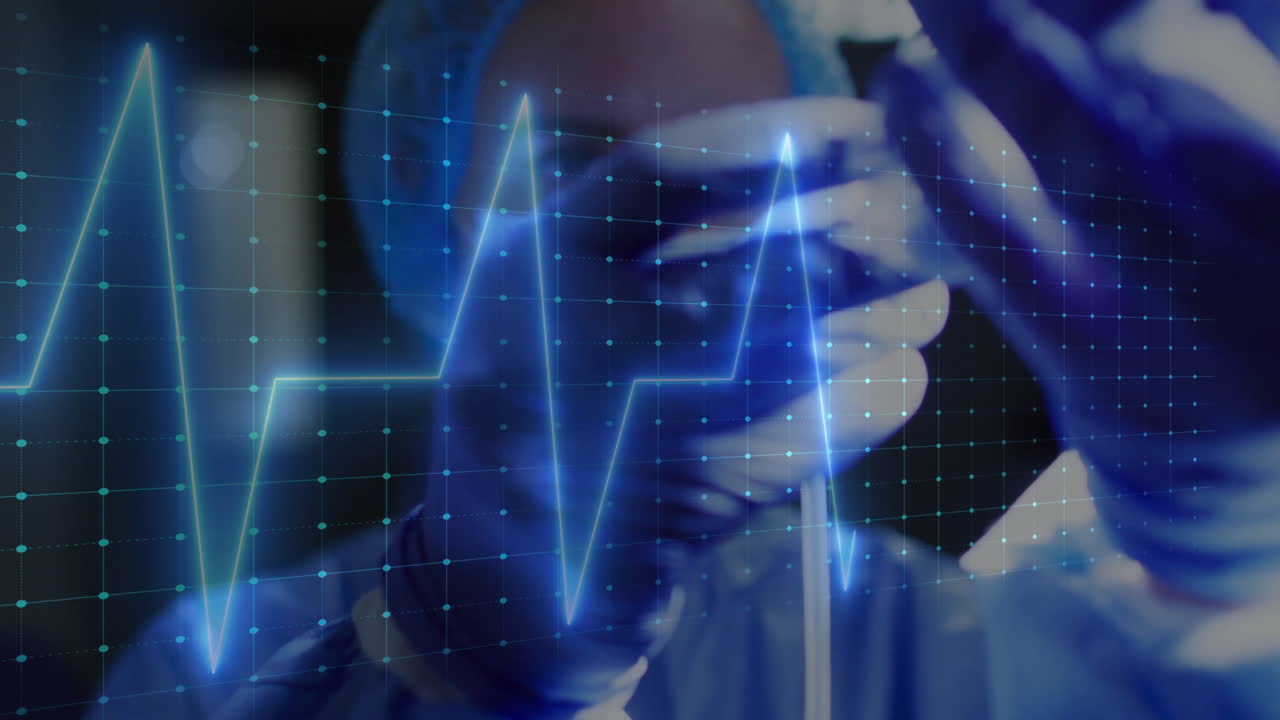 Animation of cardiograph over caucasian female surgeon in operating room