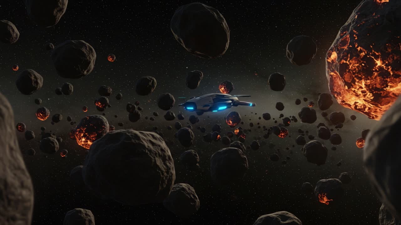 This captivating space scene features a sleek starship navigating through a dense asteroid field, illuminated by fiery magma from nearby celestial bodies