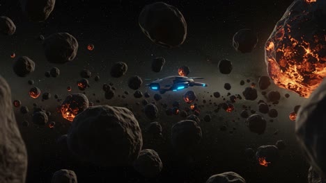 this captivating space scene features a sleek starship navigating through a dense asteroid field, illuminated by fiery magma from nearby celestial bodies