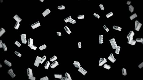 flying many concrete bricks on black background. miniature model, cement, construction. 3d animation of gray blocks rotating. loop animation.