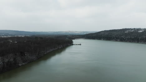 Wintry-Landscape-At-Lake-Sequoyah,-Arkansas,-USA---Aerial-Drone-Shot