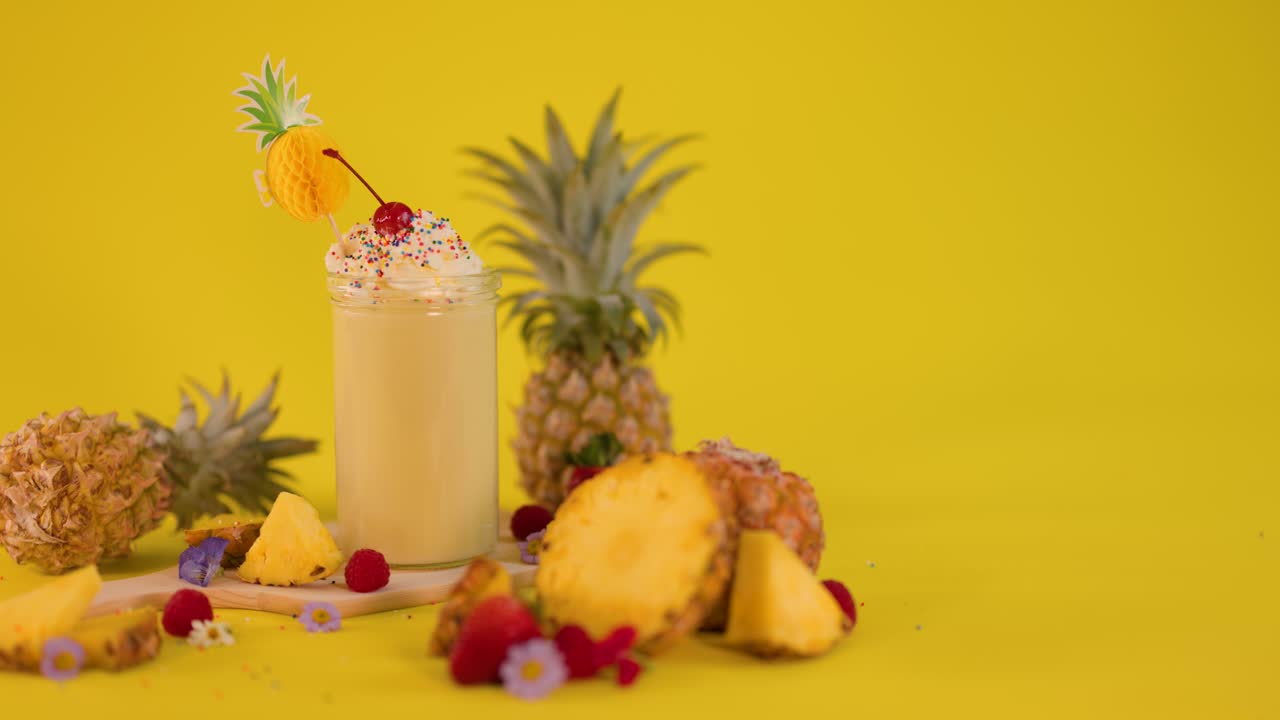 Hand adds curly straw to pineapple smoothie, surrounded by fresh fruit on bright yellow background