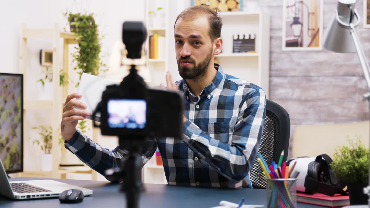 Man reviewing a product on camera