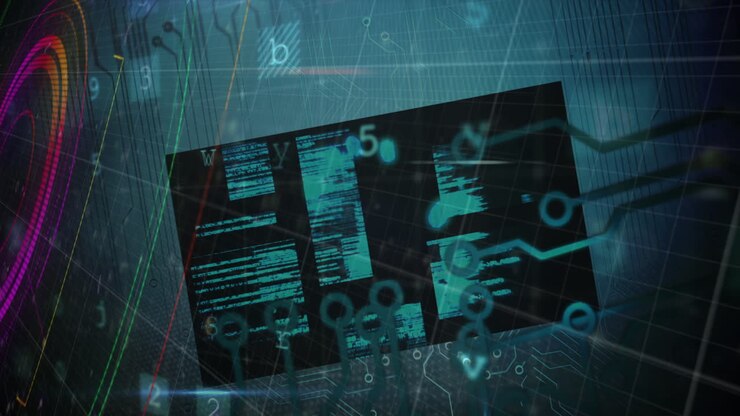 Animation of digital data processing over dark background