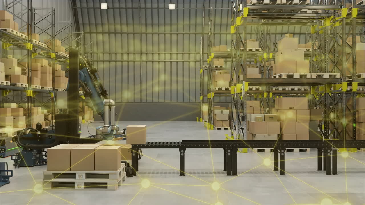 Warehouse automation animation over boxes on conveyor belt and shelves